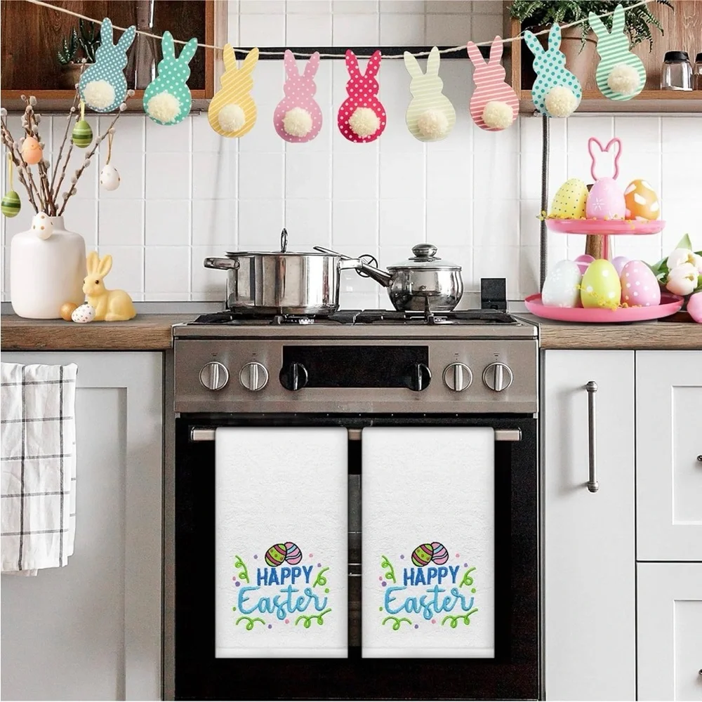 Happy Easter Embroidered White Hand Towels Set of 2